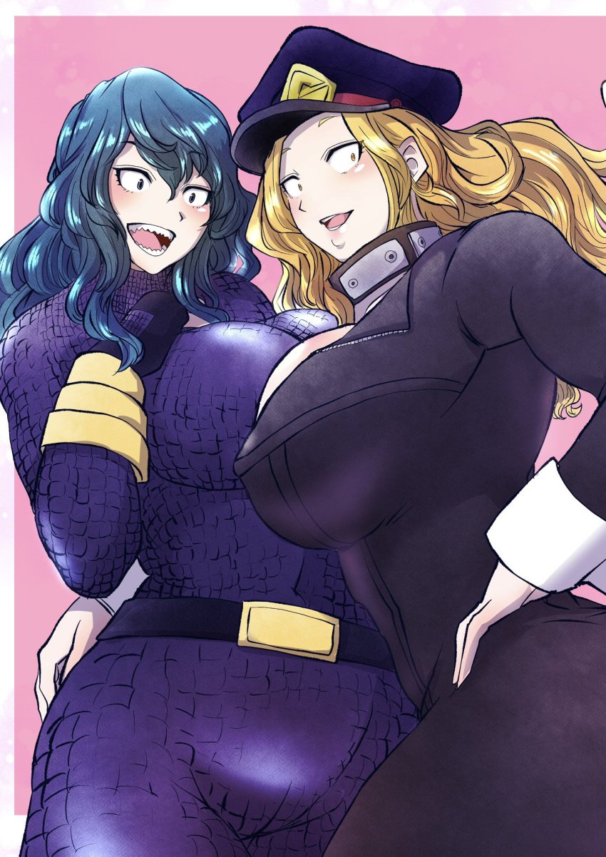 2girls asymmetrical_docking blonde_hair blush breast_press camie_utsushimi cleavage green_hair gyaru hands_on_another&#039;s_hips hands_on_hips hero_outfit_(mha) huge_breasts large_breasts long_hair mich_kj my_hero_academia sharp_teeth simple_background skin_tight skintight_bodysuit smiling thick_thighs tokage_setsuna yuri