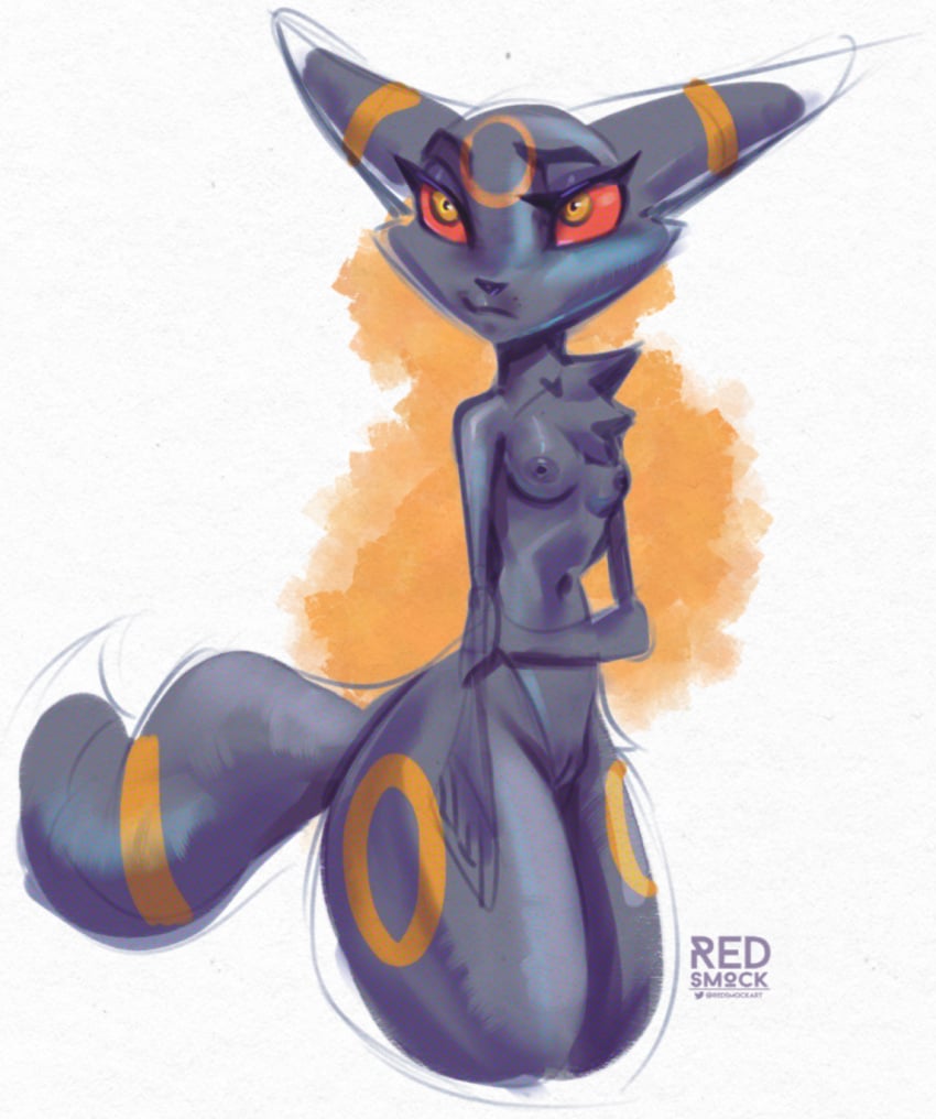 anthro black_body black_fur breasts canid canine digital_media_(artwork) eeveelution female fur generation_2_pokemon genitals guide_lines hi_res mammal nintendo nipples nude pokemon pokemon_(species) pussy red_sclera redsmock simple_background sketch small_breasts solo umbreon white_background yellow_eyes