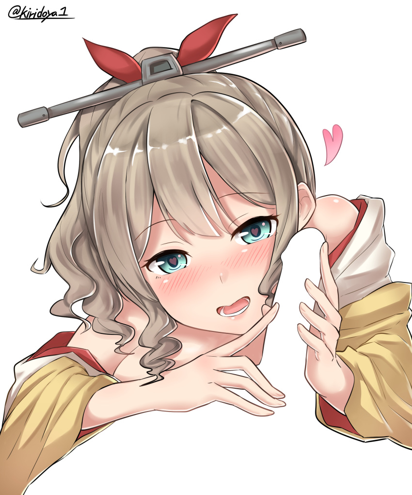 :d absurdres blue_eyes blush bow drill_hair female hairbow hatakaze_(kantai_collection) heart heart-shaped_pupils highres japanese_clothes kantai_collection kimono kiritto light_brown_hair meiji_schoolgirl_uniform open_mouth penis red_bow short_hair simple_background smile solo symbol-shaped_pupils twitter_username white_background wide_sleeves yellow_kimono