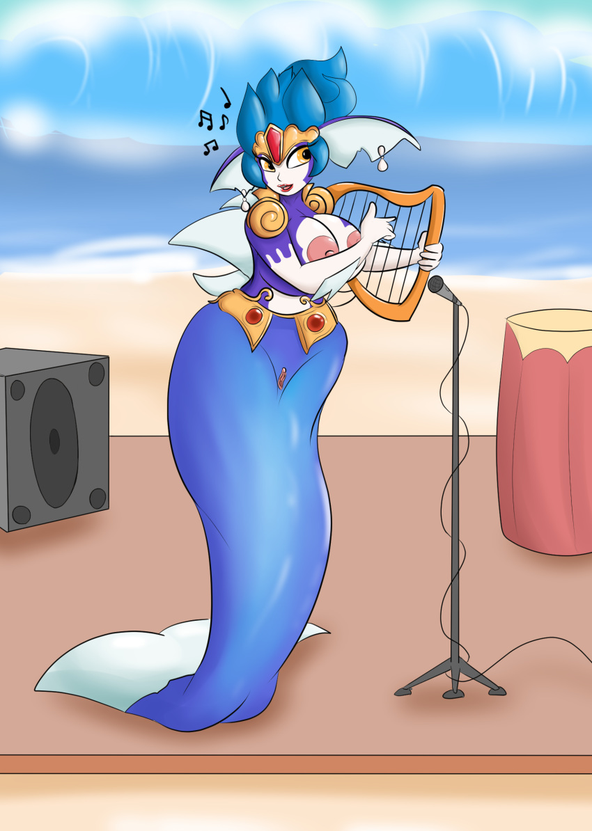 beach big_breasts breasts chrono_cross female harp hi_res huge_breasts irenes_(chrono_cross) looking_at_viewer marine merfolk musical_instrument nipples pussy seaside singing solo starit tidal_wave