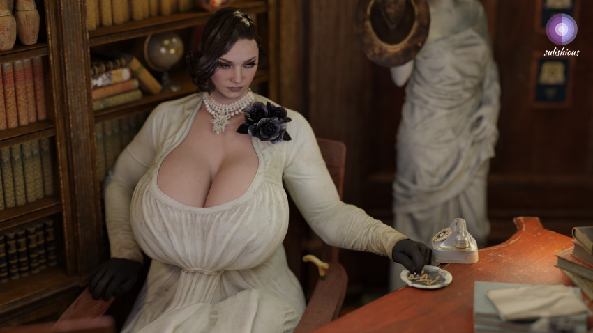 3d alcina_dimitrescu asymmetrical_hair big_breasts black_gloves black_hair black_rose books bookshelf breasts breasts_bigger_than_head busty cigarette classy cleavage clothed clothing curvy curvy_female curvy_figure desk dress earrings female female_only fully_clothed gigantic_breasts gloves long_sleeves mansion mature mature_female milf mother pearl_necklace phone pose resident_evil resident_evil_8:_village rotary_phone self_upload sitting sleeves_past_wrists smoking solo statue thick top_heavy_breasts velvet_gloves white_dress