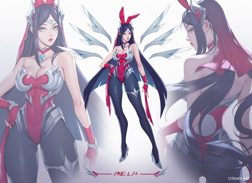 armor ass back_view battle_bunny_irelia big_breasts black_hair blue_eyes bunny_ears bunny_tail bunnysuit choker citemer cleavage female fingerless_gloves front_view high_heels irelia_xan league_of_legends wide_hips