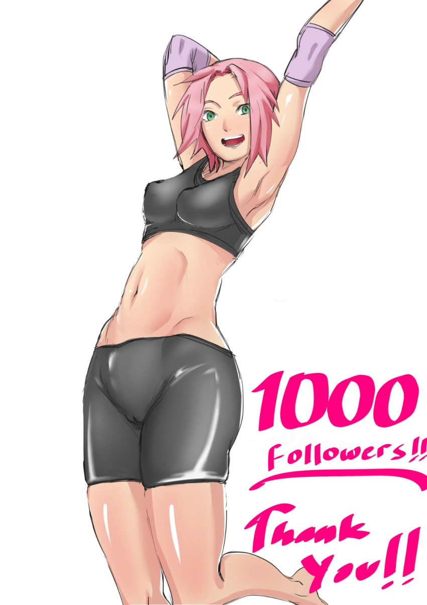 bike_shorts cameltoe green_eyes naruto naruto_shippuden pink_hair sakura_haruno smile sports_bra zeros