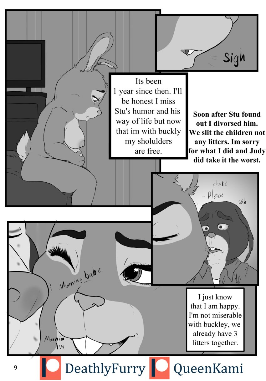 adultery anthro areola black_and_white bonnie_hopps breasts buckteeth canine clothing comic crying cum deathlyfurry disney duo english_text eyelashes female hi_res inside lagomorph large_breasts looking_pleasured male mammal mature_female monochrome narration nipples nude open_mouth patreon pregnant queenkami rabbit sad sitting straight stu_hopps tears teeth text zootopia