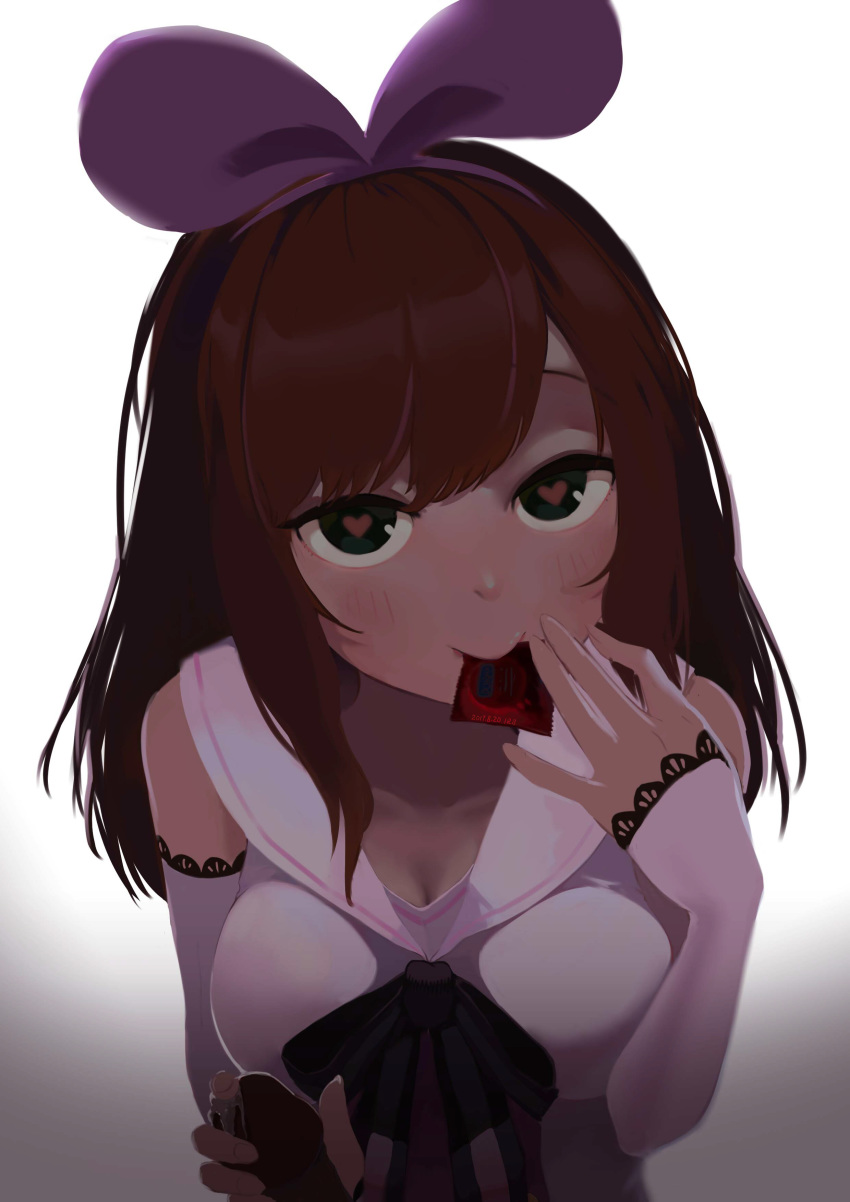 2017 a.i._channel absurdres bangs blue_eyes blush breasts brown_hair cleavage closed_mouth condom condom_in_mouth dated detached_sleeves erection female gradient gradient_background haapi_jang_p hairband head_tilt heart heart-shaped_pupils highres holding jpeg_artifacts kizuna_ai kizuna_ai_inc. long_hair looking_at_viewer medium_breasts mouth_hold number penis precum sailor_collar sleeves_past_wrists smile solo swept_bangs symbol-shaped_pupils virtual_youtuber white_background