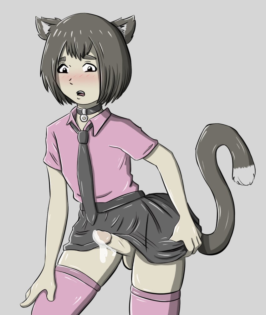 1boy awkward balls blush brown_hair cat_boy cat_ears cat_tail catboy clothed clothes crossdressing dress_shirt embarrassed erection erection_under_clothes erection_under_skirt feline furry grey_background high_socks male male_only necktie no_panties nyaruhodo oc original original_character penis penis_out penis_under_clothes penis_under_skirt precum precum_drip shirt shy simple_background skirt skirt_lift socks solo solo_focus tail thighhighs tie twink