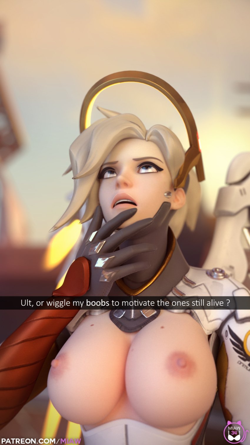 3d areola blender blonde_hair breasts english_text looking_up mercy miaw34 nipples overwatch thinking