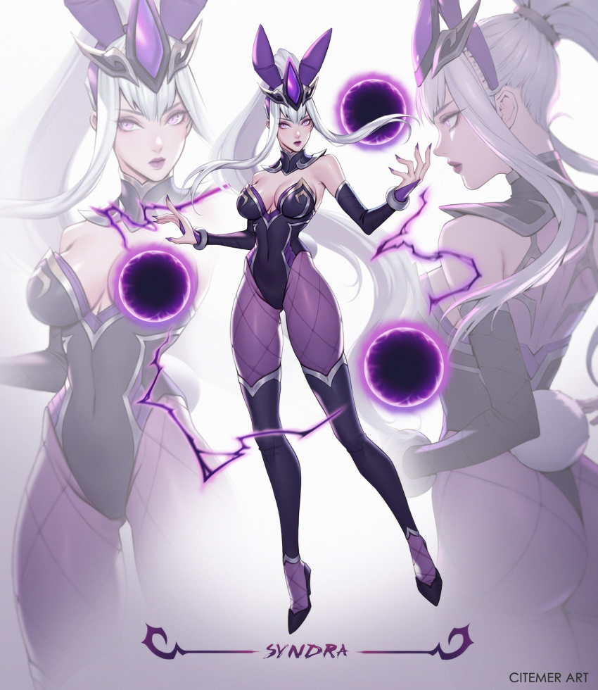 ass back_view bunny_ears bunny_tail bunnysuit citemer female front_view league_of_legends pantyhose purple_eyes syndra white_hair