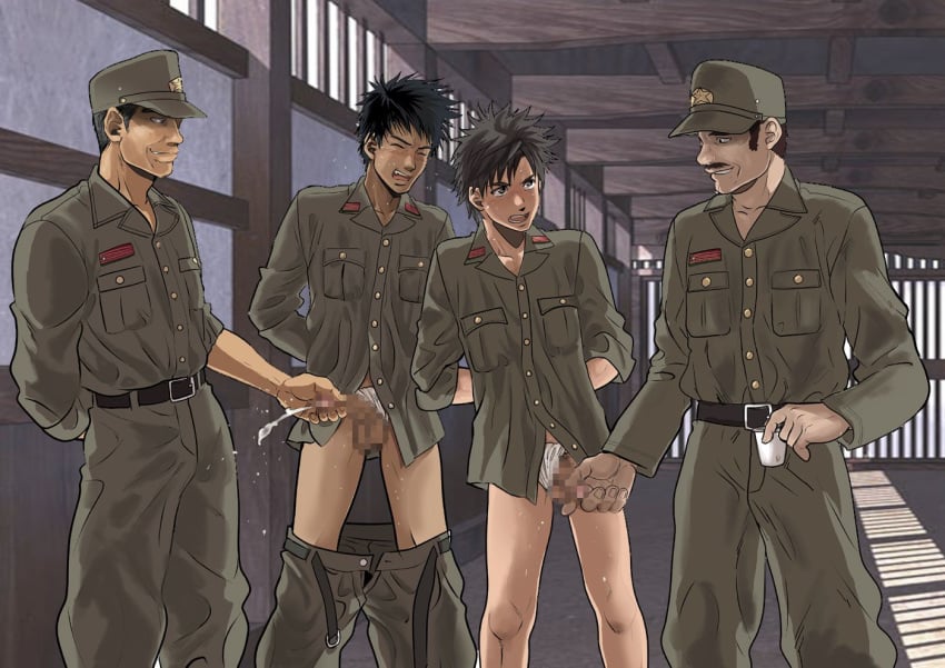 4boys age_difference arms_behind_back bottomless censored censored_penis censored_testicles cum duo_focus ejaculation forced_exposure forced_yaoi fundoshi fundoshi_aside gay goma_saba handjob holding_cup holding_object holding_penis humiliation indoors jerking jerkingoff_another middle_aged military_cap military_clothing military_hat military_jacket military_uniform molestation mosaic_censoring multiple_boys older_man_and_younger_boy orgasm original original_character pants_down penis penis_grab pixelated_background pleasure_face restrained rokushaku_fundoshi standing underwear_aside white_fundoshi yaoi