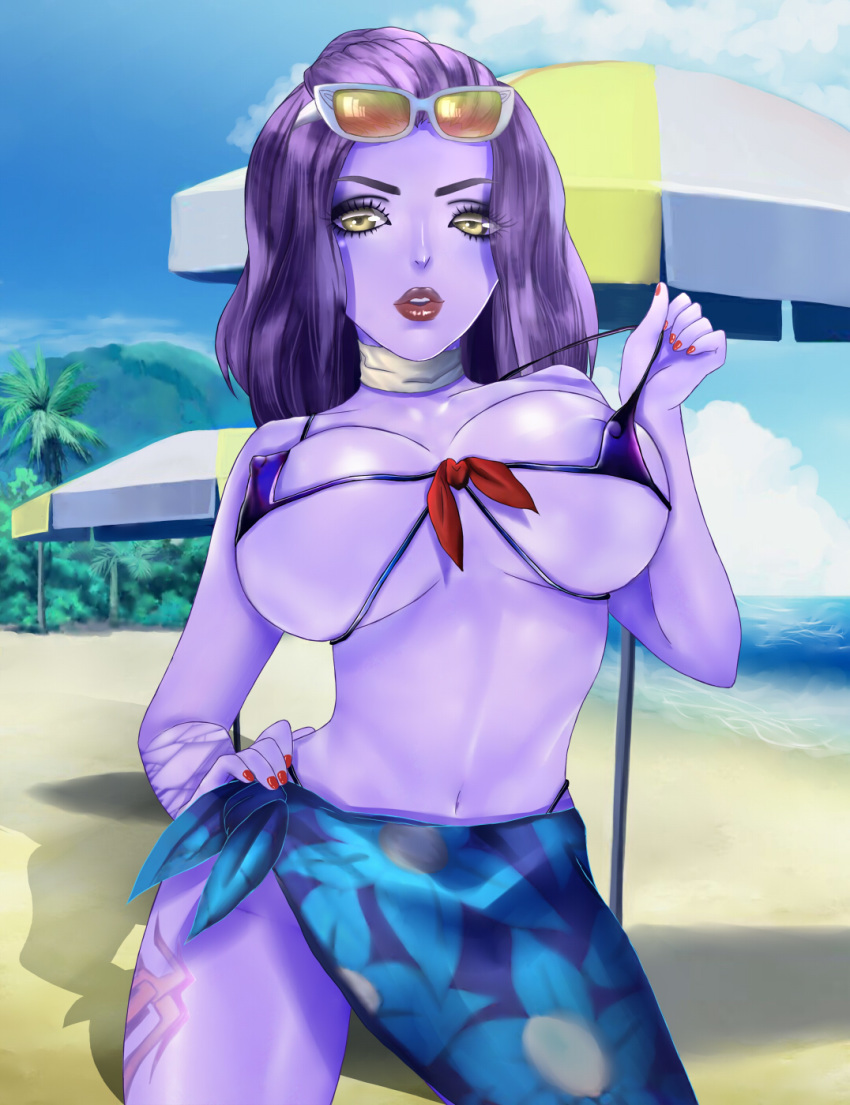 1girls alternate_costume bikini blizzard_entertainment breasts cleavage cote_d'azur_widowmaker female female_only large_breasts looking_at_viewer overwatch pinkkitty solo widowmaker