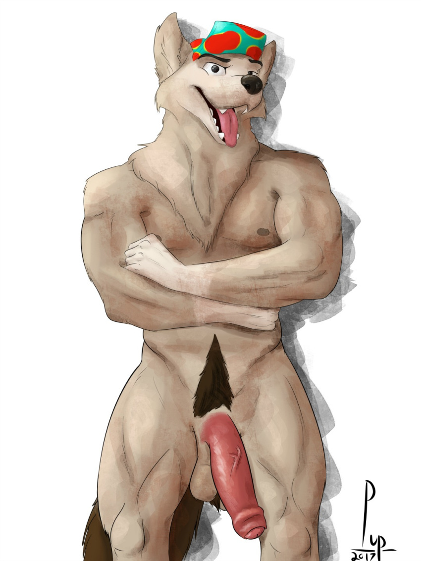 2017 animal_genitalia anthro balls canine furry furry_only hat hi_res looking_at_viewer male male_only mammal mascot muscular muscular_male nipples no_humans nude old_spice open_mouth penis pubes rainy4k smile tongue tongue_out uncut wolf wolfthorn_(old_spice)