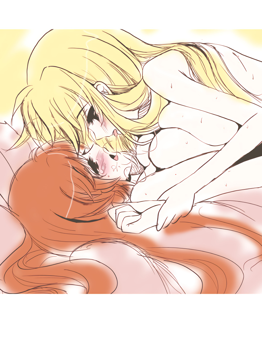 2girls bed blonde_hair blush brown_hair couple eye_contact fate_testarossa frapowa kissing looking_at_another lying lyrical_nanoha mahou_shoujo_lyrical_nanoha mahou_shoujo_lyrical_nanoha_strikers mahou_shoujo_lyrical_nanoha_vivid multiple_girls nude saliva saliva_trail sweat symmetrical_docking takamachi_nanoha wet yuri