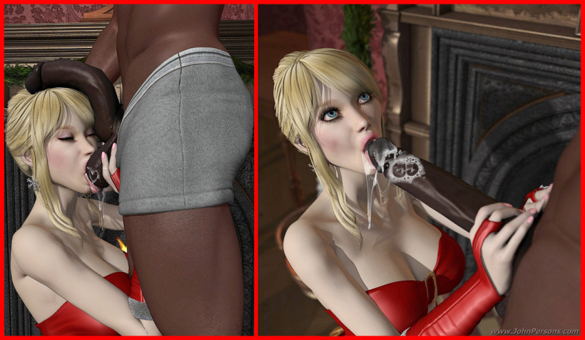 3d ball_sucking blonde_hair catherine_beauchamp christmas dark-skinned_male dark_skin darklord english_text fellatio female interracial john_persons male saliva text