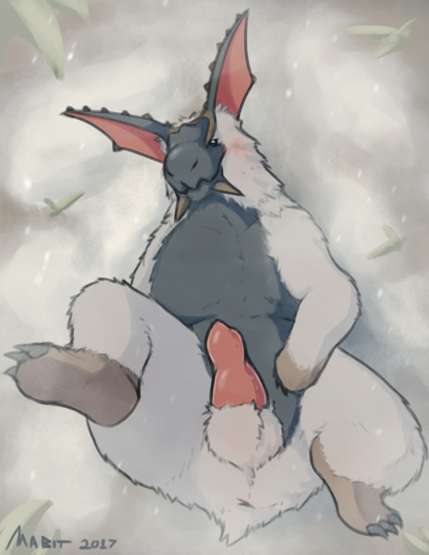 2017 animal_genitalia animal_penis balls blush capcom claws digital_media_(artwork) erection feral fur hi_res lagombi lagomorph looking_at_viewer lying mabit male male_only mammal monster_hunter monster_hunter_portable_3rd nude penis rabbit smile snowy_mountains_(map) solo spread_legs spreading video_games