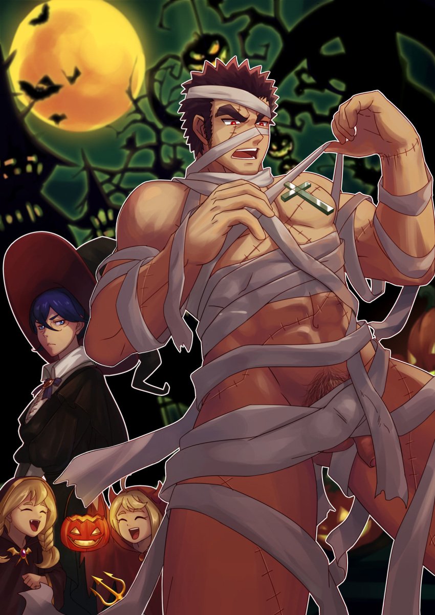 abs akihiro_altland bandage bat blonde_hair blue_eyes brown_hair character_request cross f_jun fangs glasses gundam halloween halloween_costume hat human jack-o'-lantern long_hair male male_focus male_only moon muscle muscular_male pecs penis pubic_hair pumpkin purple_hair red_eyes short_hair solo_focus stitches testicles witch_hat yaoi