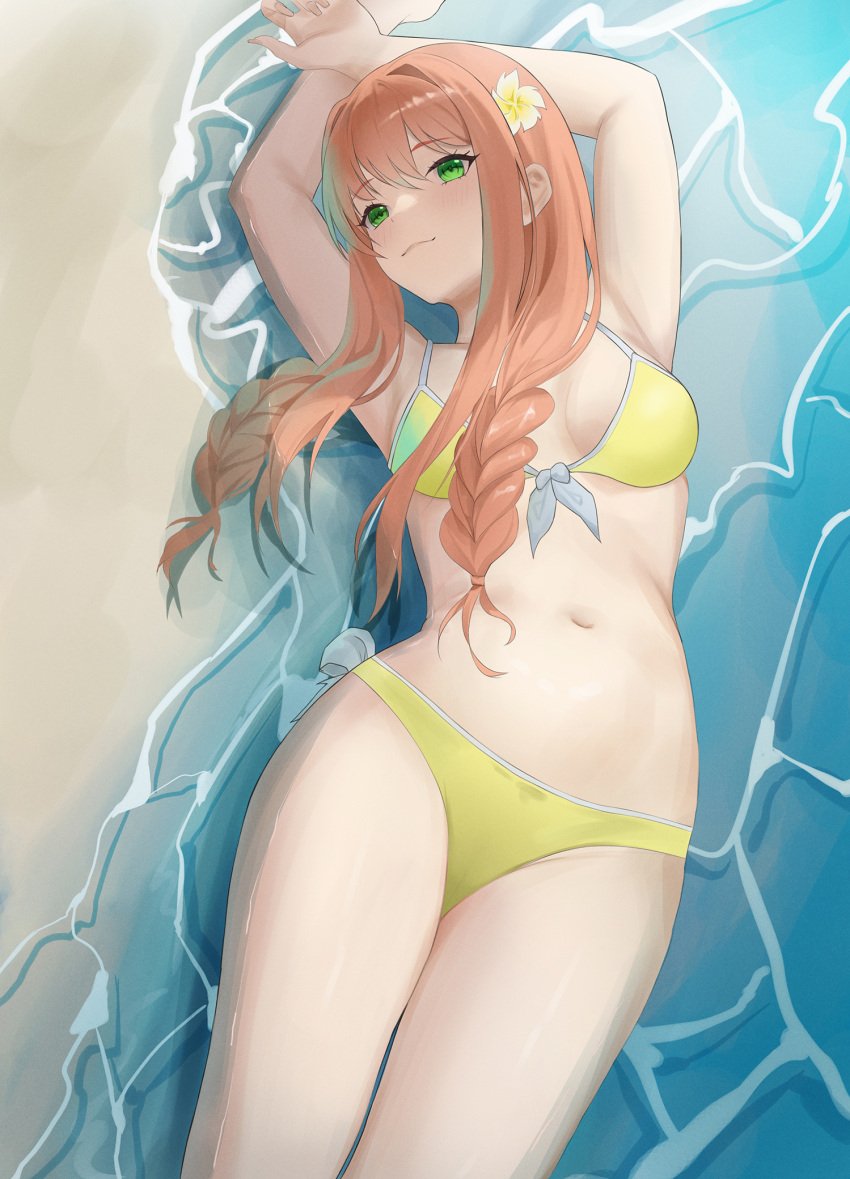 1girls 2024 anime_style aris4rt arms_above_head arms_behind_head arms_up bare_belly beach belly_button bikini braid braided_hair brown_hair color doki_doki_literature_club female female_only flower flower_in_hair green_eyes human human_only just_monika laying laying_on_back looking_at_viewer lying lying_on_back lying_on_sand monika_(doki_doki_literature_club) navel not_furry ocean smile smiling smiling_at_viewer solo solo_female summer thick_thighs tummy waves wide_hips yellow_bikini