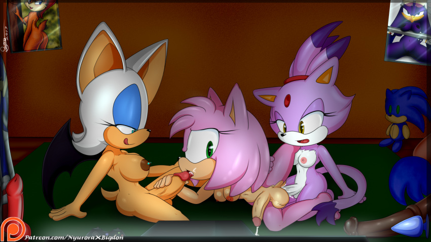 2017 amy_rose anthro balls bigdon1992 blaze_the_cat breasts cum futa_on_futa futanari hedgehog herm intersex mammal nipples nyurora nyuroraxbigdon open_mouth patreon rouge_the_bat sega sonic_(series) sonic_team sonic_the_hedgehog_(series)