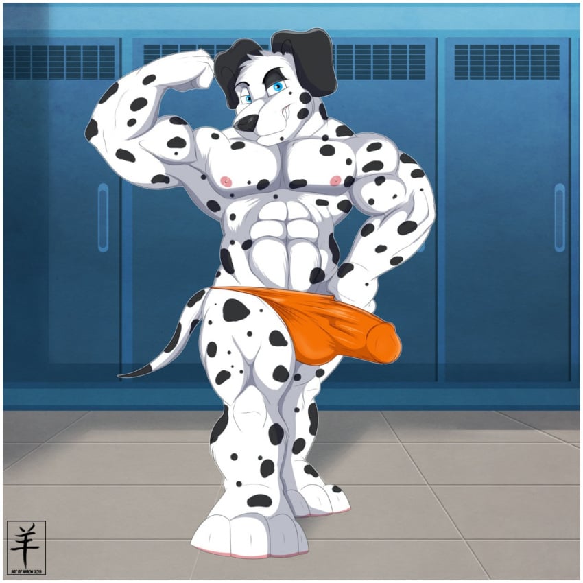 2013 4_toes aaron_(artist) abs anthro barefoot biceps biped black_fur black_nose black_spots black_tail blue_eyes border bulge canine claus_(aaron) clothed clothing dalmatian detailed_background digital_media_(artwork) erection erection_under_clothes eyebrows flexing floppy_ears front_view full-length_portrait fur hand_on_hip hi_res inside kruger locker locker_room looking_at_viewer male male_only mammal multicolored_fur multicolored_tail muscular muscular_male nipples orange_bottomwear orange_clothing orange_underwear pecs penis_outline pepsi_(fa) pink_nipples portrait pose signature smile smirk snout solo spots spotted_fur standing tenting thong toes topless two_tone_fur two_tone_tail underwear white_border white_fur white_tail