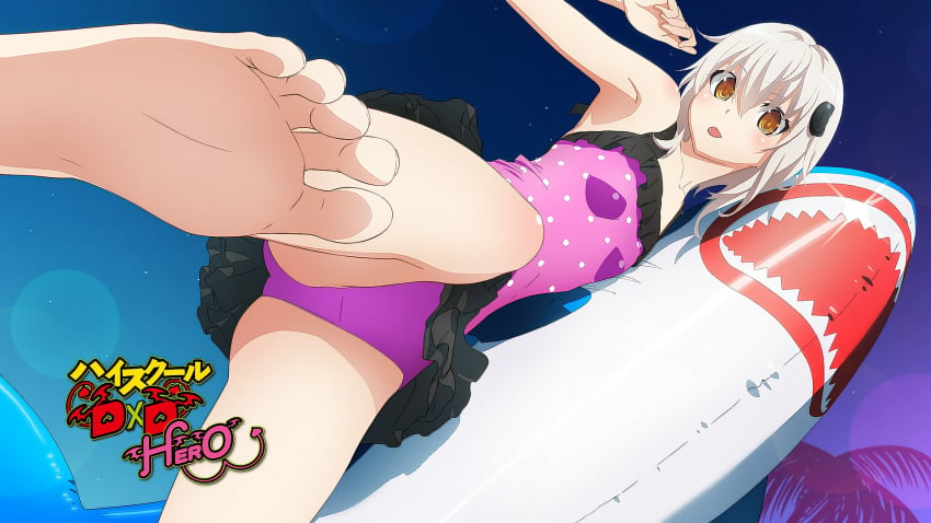 1girls barefoot breasts clothing eyecatch feet feet_towards_viewer female female_only fhd foot_focus high_resolution high_school_dxd high_school_dxd_-_eyecatcher high_school_dxd_hero inflatable_animal inflatable_shark inflatable_toy koneko_toujou limited_visibility16:9_aspect_ratio official_art passione_(company) pov_feet screen_capture short_hair small_breasts soles solo solo_female swimsuit toes toujou_koneko white_hair yellow_eyes