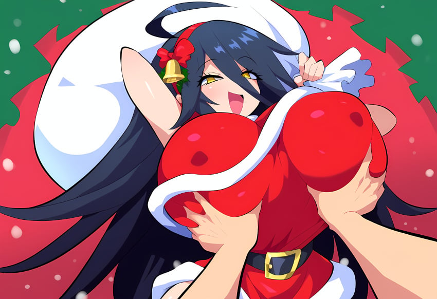 1girls ahoge ai_generated amber_eyes black_hair breast_grab christmas christmas_clothing christmas_outfit covered_nipples female groping long_hair mullon novelai original original_character pov sorceress sorceress_sophia voluptuous voluptuous_female yellow_eyes