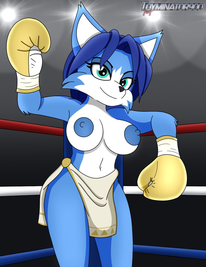 1girls anthro big_breasts big_thighs blue_body blue_fur blue_hair bottomwear boxing boxing_gloves boxing_ring breasts canid canine clothed clothing digital_media_(artwork) female female_only fighting_ring fox fur genitals gloves hair handwear hi_res krystal krystal_(star_fox) loincloth mammal navel nintendo nipples raised_hand solo star_fox teal_eyes thick thick_hips thick_thighs thighs topless toyminator900 white_body white_fur wide_hips yellow_boxing_gloves yellow_clothing yellow_gloves yellow_handwear