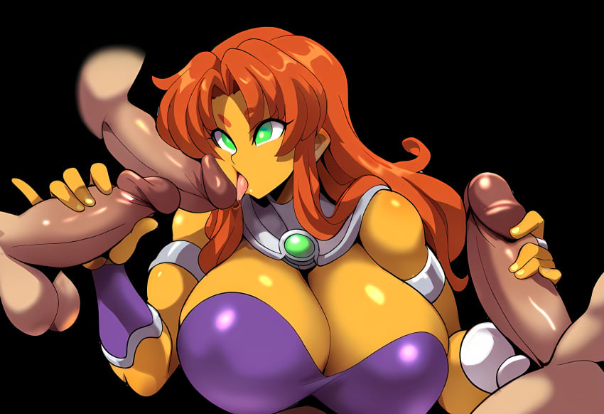 1girls 3boys ai_generated alien alien_girl big_penis curvaceous dc dc_comics female gangbang handjob huge_breasts licking licking_penis mullon multiple_boys novelai orange_body penis red_hair smile starfire tamaranean thick_thighs