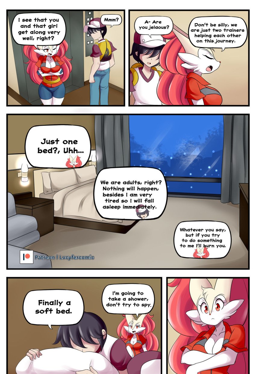 big_breasts braixen bray_(lucyfercomic) comic furry hotel_room jealous_female laying_on_bed lies lucyfercomic pokemon pokemon_(species) pokemon_trainer speech_bubble