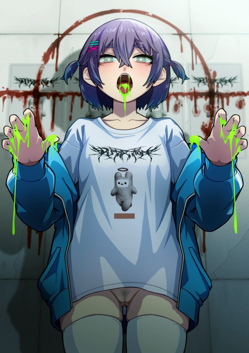 +_+ female female_pubic_hair grey_eyes hair_ornament hairclip highres jacket liquid looking_at_viewer open_clothes open_jacket open_mouth original pubic_hair purple_hair pussy shibata_ico shirt short_hair solo teeth thighhighs two_side_up white_shirt white_thighhighs x_hair_ornament