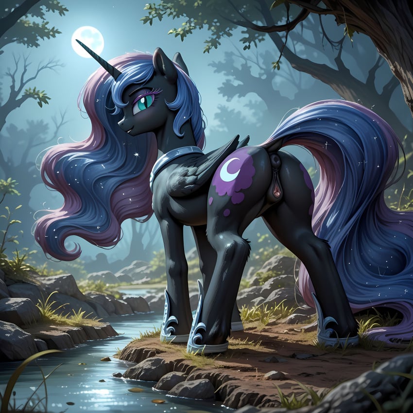 ai_generated animal_genitalia animal_pussy anus ass blue_eyes clitoris cutie_mark dock equine_genitalia equine_pussy female female_only feral feral_only friendship_is_magic furry grass hasbro long_hair my_little_pony nightmare_moon_(mlp) princess_luna_(mlp) pussy shoes tail