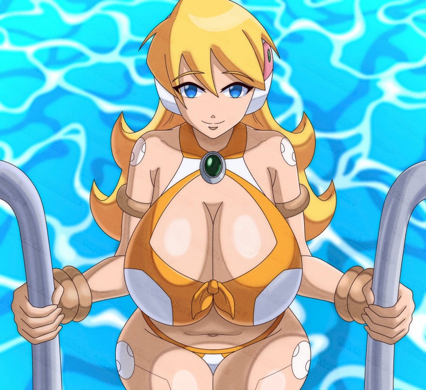 1girls alia big_breasts blonde_hair blue_eyes long_hair mega_man mega_man_x orange_swimsuit pool pool_background robot_girl rockmangrave swimsuit