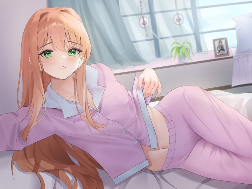 1girl 1girls 2024 anime_style aris4rt bare_belly belly_button brown_hair button_down_shirt buttons color doki_doki_literature_club easter_egg_(meta) female female_only green_eyes hair_down human human_only in_bed just_monika laying_on_bed lifting_shirt looking_at_viewer lying_on_bed monika_(doki_doki_literature_club) navel not_furry not_porn pajama_pants pajama_shirt pajamas panties picture_frame pink_clothing pink_pajamas pov sfw showing_belly showing_panties solo solo_female thick_thighs wide_hips