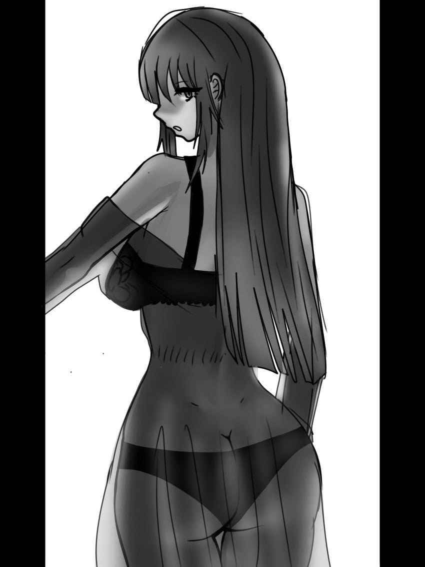 ass back_view black_lingerie female female_focus greyscale lingerie long_hair looking_at_viewer marutoku nakahara_satori no_salvation rule_63 vanity2112