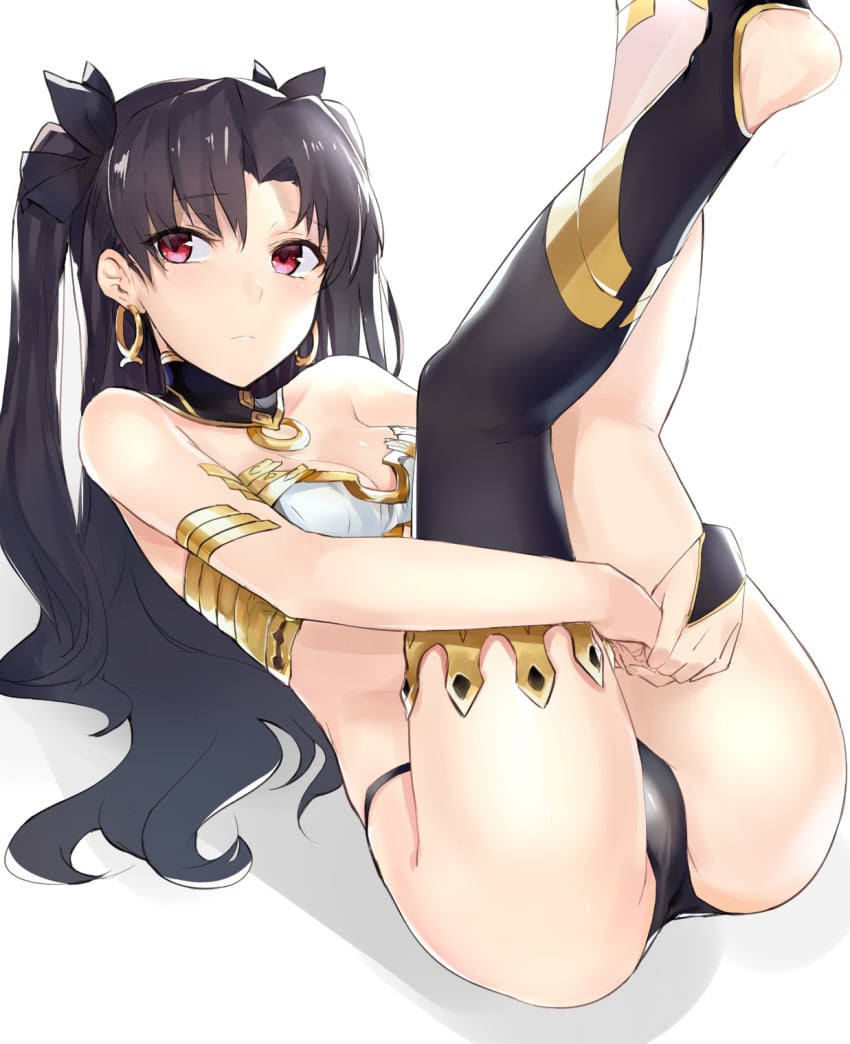 1girls artist_request black_hair bowties earrings fate_(series) female female_only gold_(metal) gold_jewelry ishtar_(fate) jewelry legs_up long_hair panties red_eyes solo tagme thighhighs thighs