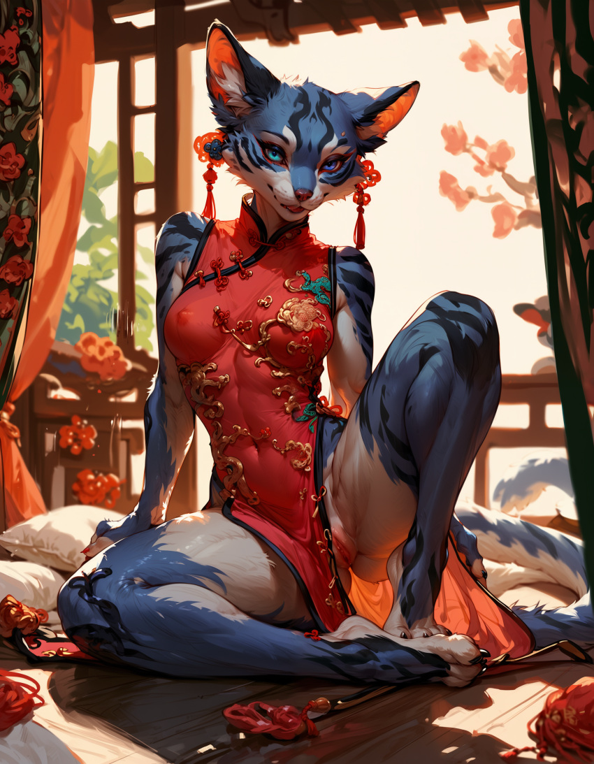 animal_ears animal_nose black_fur blue_eyes body_fur breasts china_dress chinese_clothes covered_navel covered_nipples dress female furry furry_female hair_ornament knee_up looking_at_viewer makeup medium_breasts nipples no_panties orange_fur pelvic_curtain pussy red_dress see-through sitting sleeveless sleeveless_dress smile snout solo spread_legs tail tiger_ears tiger_girl tiger_tail trailprompter