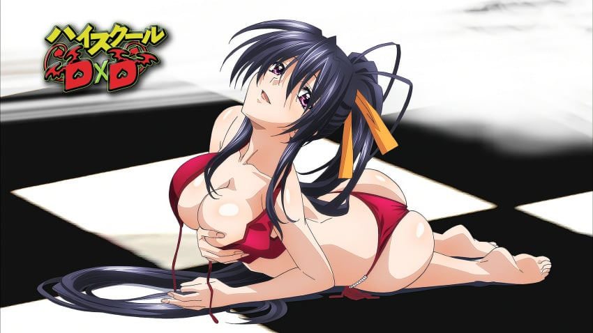 akeno_himejima ass barefoot bikini black_hair bra breasts checkered cleavage clothing eyecatch feet female hair_ornament hair_ribbon high_school_dxd high_school_dxd_-_eyecatcher highres himejima_akeno large_breasts long_hair looking_at_viewer pantsu purple_eyes red_bikini red_swimsuit ribbon smile swimsuit thong tnk_(company) underwear untied untied_bikini very_long_hair