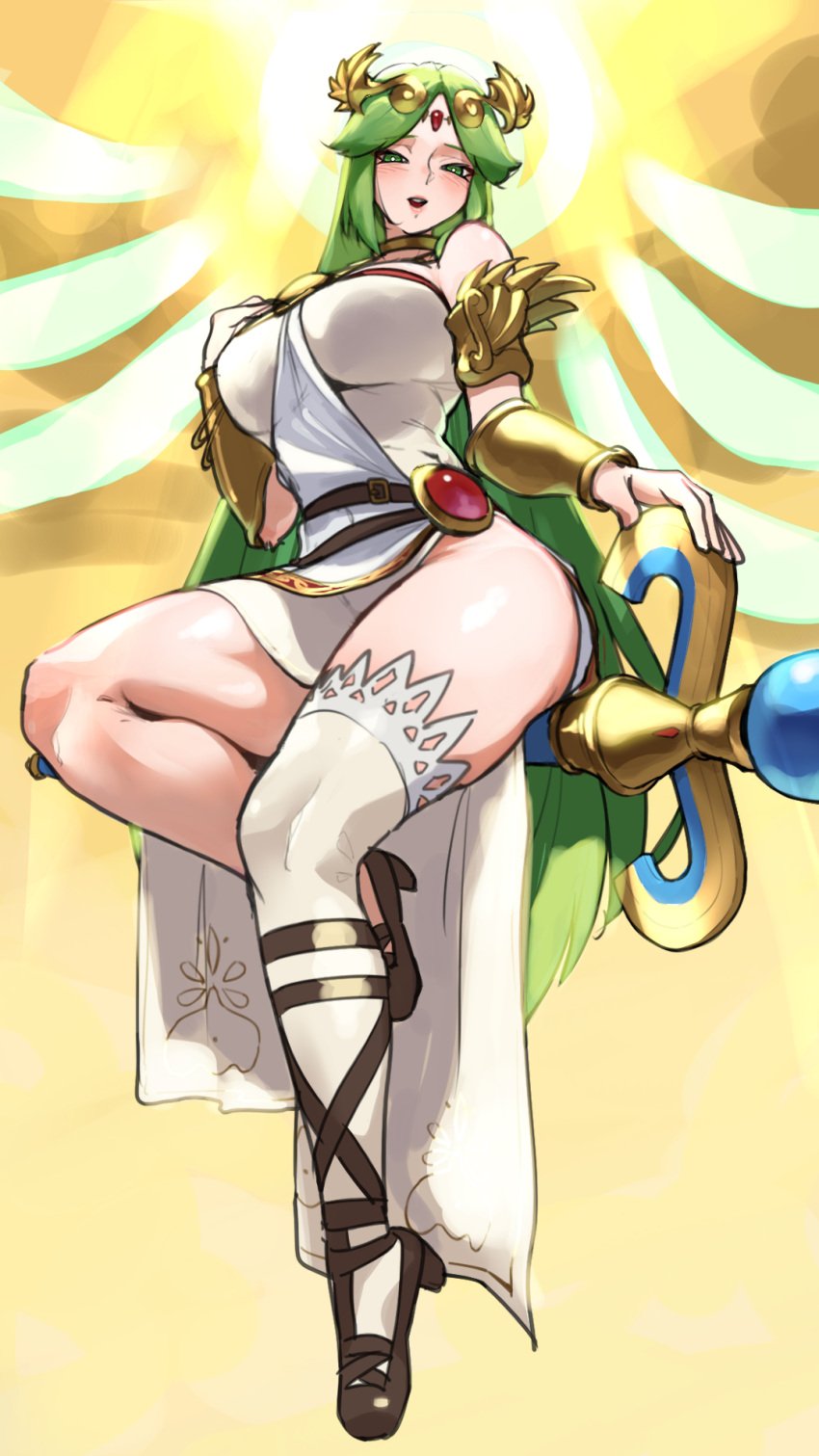 1girls bare_shoulders big_breasts blush breasts dress female forehead_jewel green_eyes green_hair highres jewelry kid_icarus kid_icarus_uprising large_breasts long_hair looking_at_viewer monoi_daru nintendo open_mouth palutena parted_bangs smile solo thighhighs tiara very_long_hair