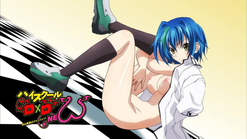 16:9_aspect_ratio 1girls areolae ass blue_hair bottomless breasts clothing eyecatch female female_only footwear high_resolution high_school_dxd high_school_dxd_-_eyecatcher high_school_dxd_new large_breasts logo nipples official_art screen_capture shirt short_hair smile socks solo solo_female tnk_(company) topless xenovia_quarta yellow_eyes