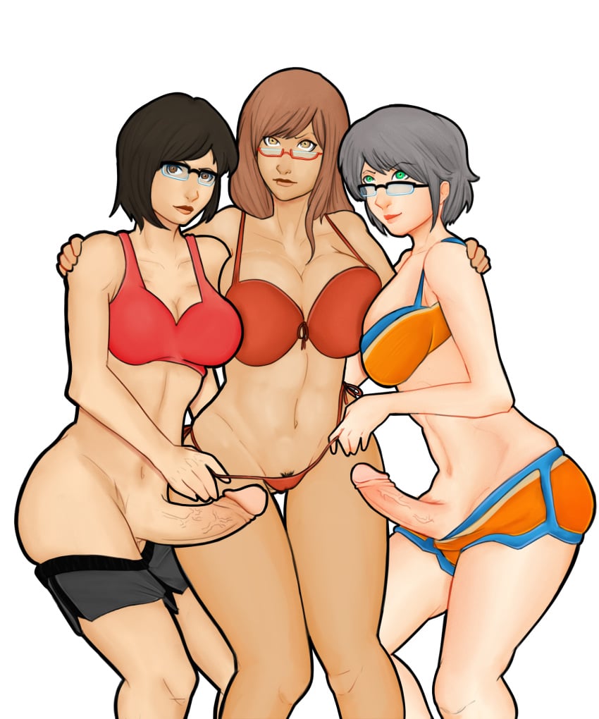 1girls 2futas ass athorment_oc balisk_oc barely_clothed big_breasts bikini bikini_pull black_hair breasts brown_eyes brown_hair cleavage clothed dani_(balisk) dani_(balisk)_(futa) dark-skinned_female erection evelyn_(athorment) evelyn_(athorment)_(female) female futa/futa/female futa_on_female futa_with_female futanari glasses green_eyes herlockcooper hips imminent_sex intersex josephine_(rextimina) large_breasts large_penis long_hair looking_at_viewer multiple_girls navel original_character panties penis short_hair smile swimsuit swimsuit_pull thighs veiny_penis wide_hips