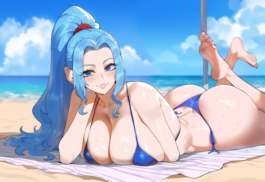 1girls ai_generated ass_cleavage bikini blue_hair butt_crack creamy_ai female female_only light-skinned_female light_skin long_hair nefertari_vivi one_piece tagme