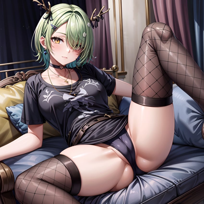 ai_generated antlers arbitrary cameltoe ceres_fauna fishnets goth goth_girl green_hair hair_over_one_eye hi_res hololive hololive_english hololive_english_-council- hololive_english_-promise- short_hair spread_legs stable_diffusion virtual_youtuber vtuber yellow_eyes