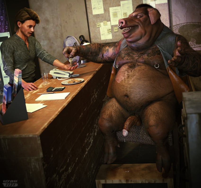 3d_(artwork) anthro belly bodily_fluids digital_media_(artwork) domestic_pig duo erection genital_fluids genitals hair hi_res human huskyman24 id_genitalia male male/male mammal nipple_piercing nipples overweight overweight_male penis piercing suid suina sus_(pig) tattoo