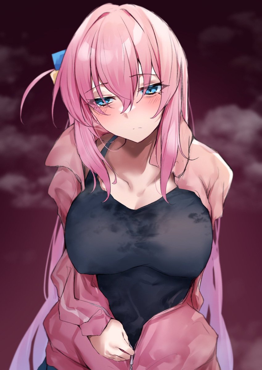 1girls big_breasts black_tank_top blush bocchi_the_rock! breasts commentary_request cube_hair_ornament female gotou_hitori hair_ornament highres jacket large_breasts one_side_up open_clothes open_jacket partially_unzipped pink_hair pink_jacket simple_background solo steam steaming_body tank_top upper_body wet wet_clothes yuki_maccha_(yukimattya10)