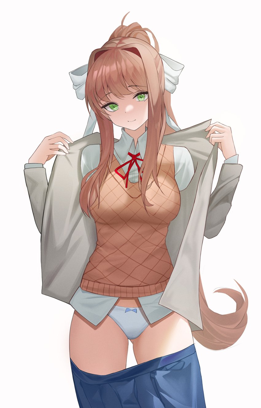 1girls 2024 anime_style aris4rt bow bow_panties breasts brown_hair collared_shirt color doki_doki_literature_club female female_only green_eyes human human_only just_monika looking_at_viewer monika_(doki_doki_literature_club) not_furry panties ponytail presenting presenting_panties school_uniform showing_panties skirt skirt_down smile smiling smiling_at_viewer solo solo_female taking_clothes_off taking_off_jacket thick_thighs undressing vest white_bow white_panties wide_hips