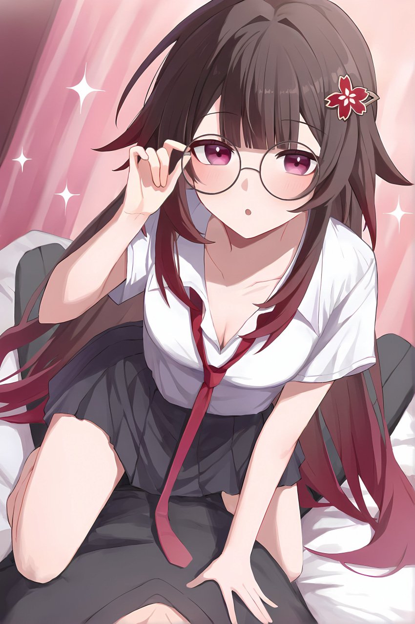 1boy 1girls alternate_costume alternate_hairstyle black_hair blush breasts cleavage clothing collarbone cowgirl_position eye_contact female glasses honkai:_star_rail honkai_(series) looking_at_viewer male necktie nerd nerdy_female petite pov pov_eye_contact red_eyes round_glasses skirt sparkle_(honkai:_star_rail) straight