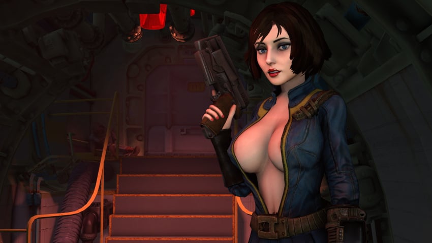 10mm_pistol 3d big_breasts bioshock bioshock_infinite blue_eyes bodysuit breasts busty cleavage clothing crossover elizabeth_comstock erect_nipples fallout female female_focus female_only firearm handgun hourglass_figure human jumpsuit nipple_bulge pale-skinned_female pale_skin pinup pinup_pose pistol pose posing sceptersfm standing tagme vault_girl vault_suit weapon