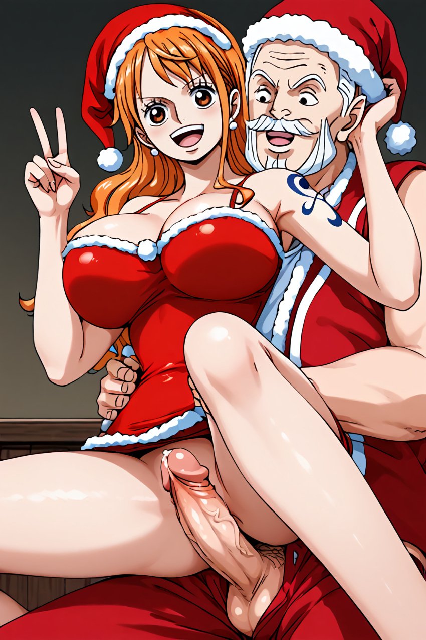 1boy 1girls ai_generated artist_request brown_eyes christmas clothing erect_penis erection female long_hair male nami older_male one_piece orange_hair penis rubbing_pussy santa_claus santa_costume santa_hat smile younger_female