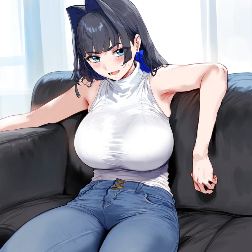 1girl 1girls ai ai_generated arm_rest arm_resting big_boobs big_breasts black_couch black_hair black_hair_female black_sofa blue_eyes blue_eyes_female blue_hair blue_hair_female blue_jeans boobs bra bra_visible_through_clothes breasts eyelashes female female_focus female_only himeno hips hololive hololive_english hololive_english_-council- inner_hair jeans light-skinned_female light_skin long_hair long_hair_female multicolored_hair ouro_kronii sitting sitting_on_couch sitting_on_sofa sleeveless sleeveless_shirt sleeveless_turtleneck smile sweater thick turtleneck turtleneck_sweater virtual_youtuber vtuber white_sleeveless_shirt white_sweater