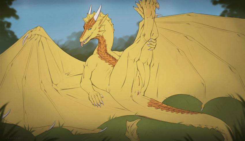 animal_genitalia anus ass dragon feral feral_only genital_slit genitals grass hi_res horn male male_only mythological_creature mythological_scalie mythology orange_body orange_scales pink_anus plant scales scalie skoren solo ventral_scales white_horn yellow_body yellow_scales