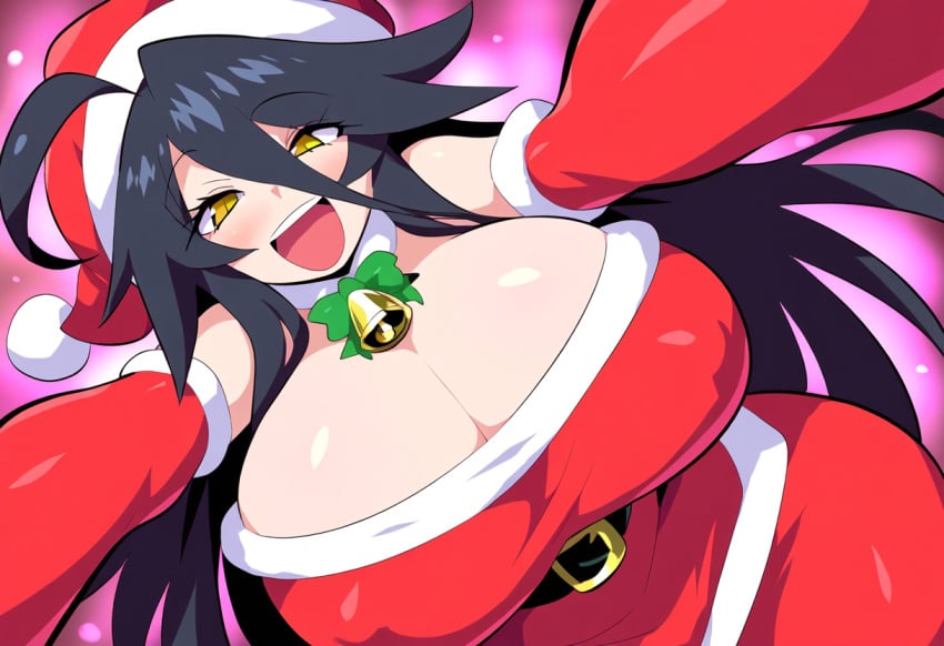 1girls ahoge ai_generated amber_eyes black_hair christmas christmas_clothing christmas_outfit cleavage close-up covered_nipples female hug long_hair looking_at_viewer mullon novelai original original_character sorceress sorceress_sophia voluptuous voluptuous_female yellow_eyes