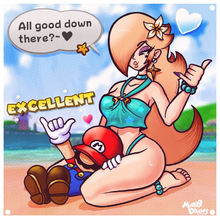 1boy beach bikini blonde_hair blue_overalls breasts ear_piercing facial_hair female flower gloves hat heart highres long_hair looking_down lying male mario mario_(series) marodraws moustache nintendo on_back outdoors overalls piercing princess_rosalina red_hat shoes size_difference speech_bubble swimsuit